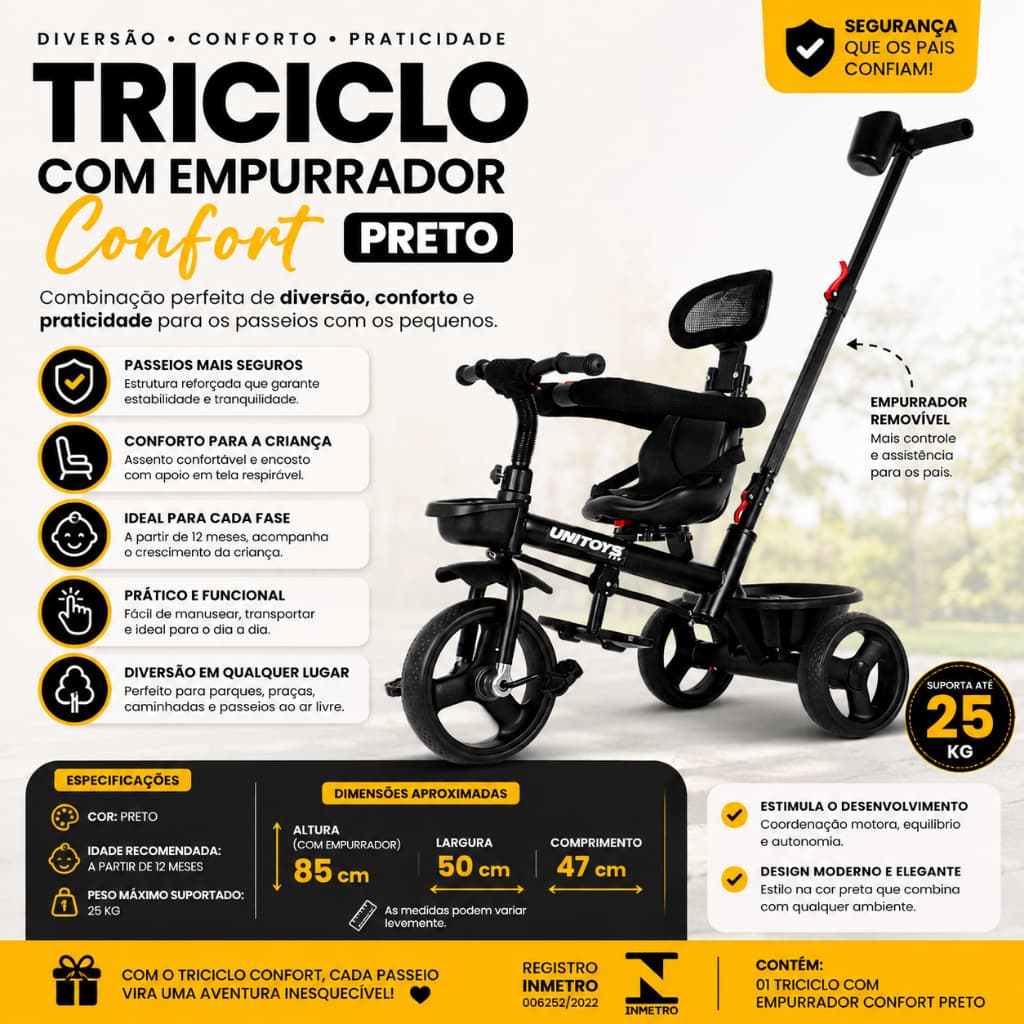 Triciclo Infantil com Empurrador Confort Preto Capota Pedal Passeio Seguro Resistente Premium