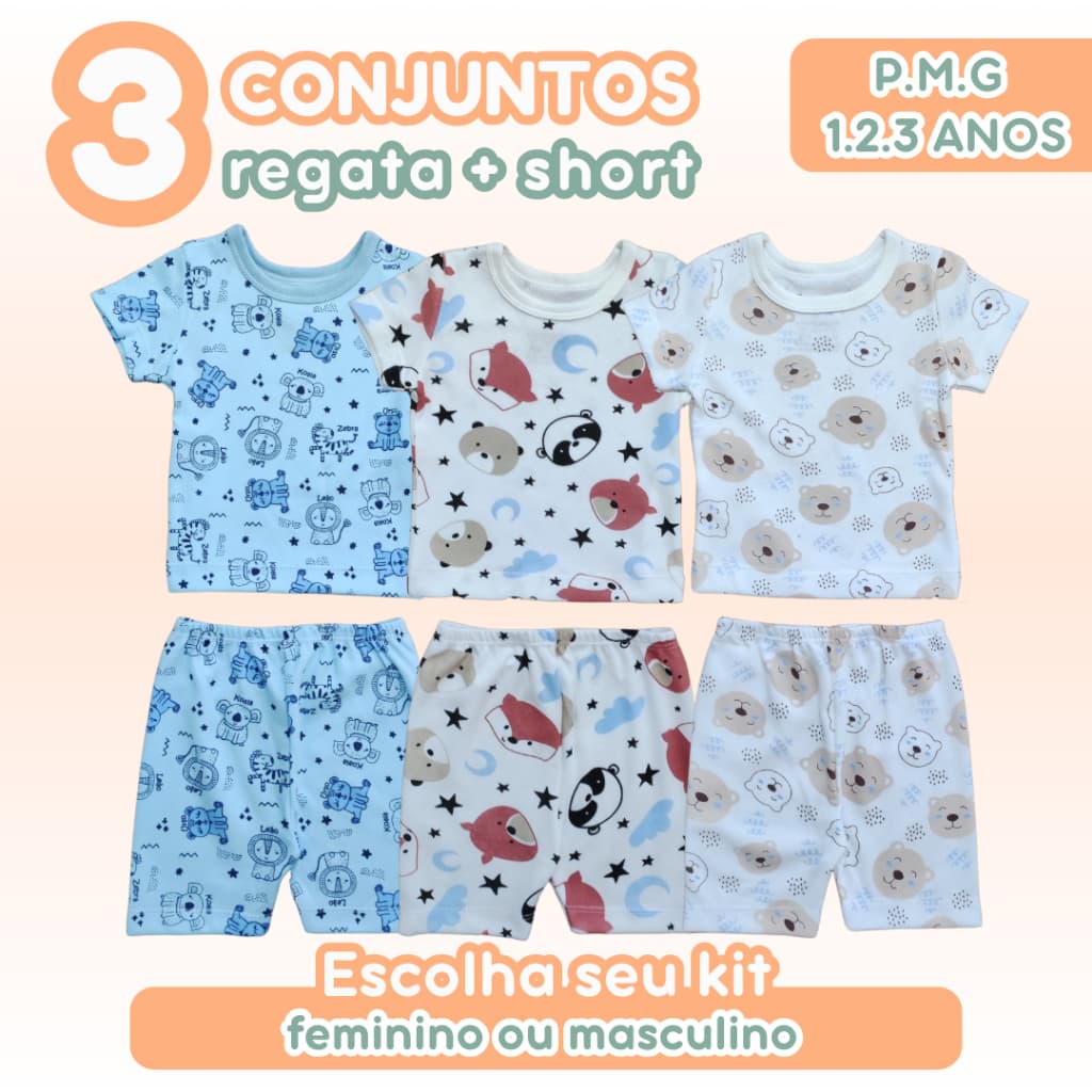 Kit 3 Conjuntos Bebê Camiseta Short Canelado Estampado Menina Menino Calor Verão Dia a Dia P.M.G 1 ano 2 anos 3 anos