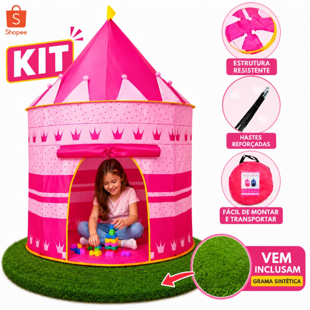 KIT Barraca + GRAMA Tenda Infantil Montavel e Desmontavel Brinquedos Educacional para Crianças - ZP-1717
