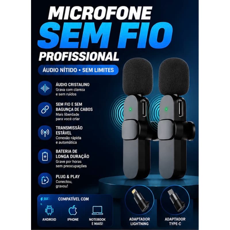 Microfone de Lapela Sem Fio Duplo Tipo C e Lightning para iPhone Android Celular