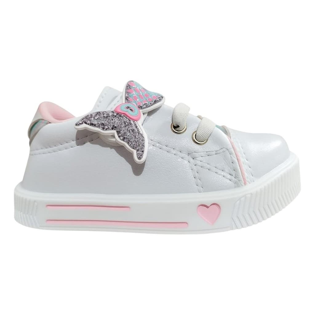 Tênis Infantil Feminino Sereia Glitter Branco Prata Confortável Menina Coração Solado Antiderrapante