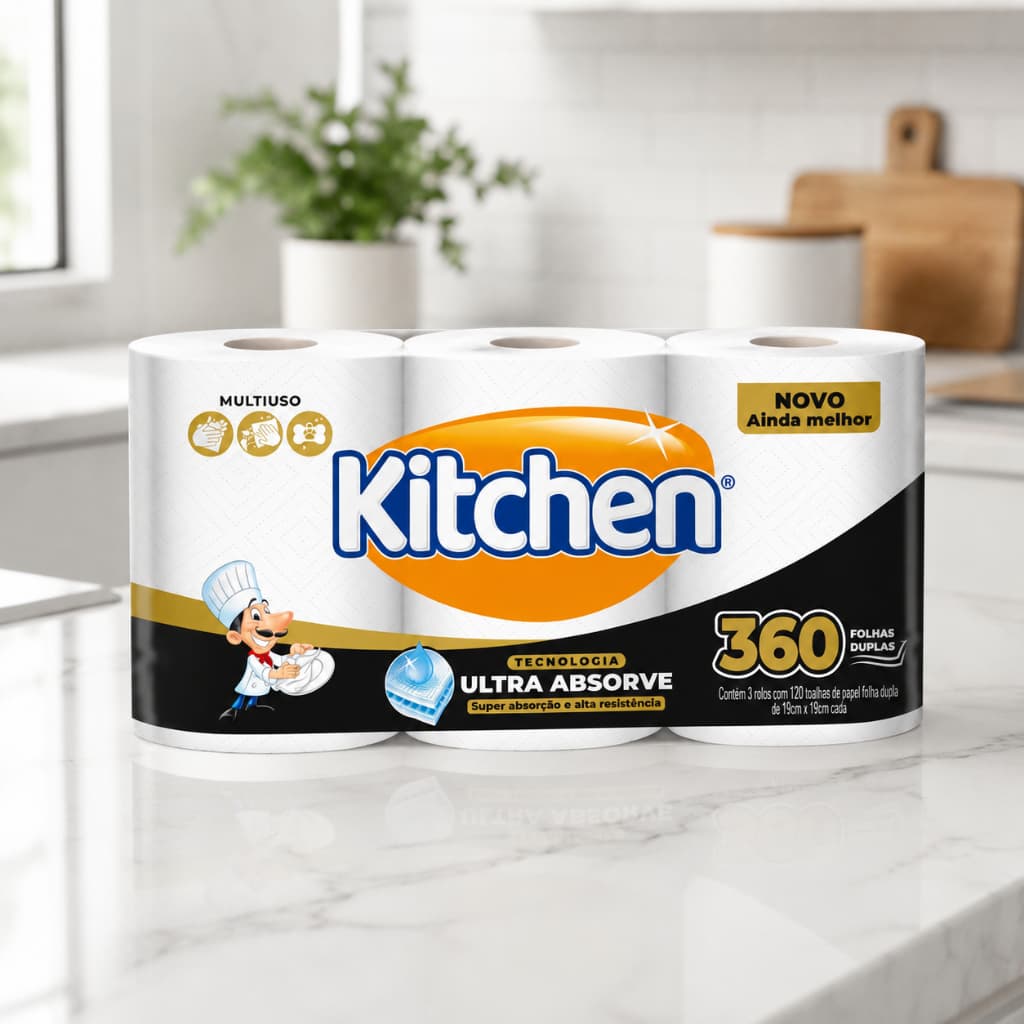 Papel Toalha Kitchen Jumbo 3 Rolos Folhas Duplas 360 unidades Ultra Absorvente
