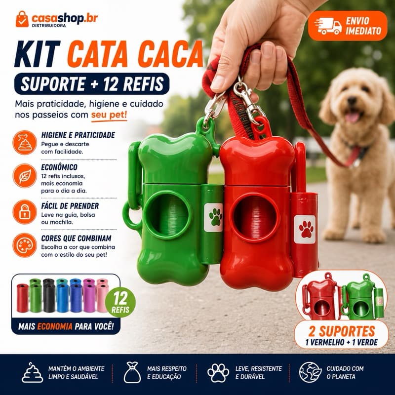 Kit Cata Caca Suporte Ossinho Com Refil Sacolinhas Higiênicas Pets Para Passeios Cachorros