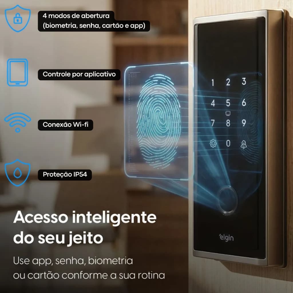 Fechadura Digital Biométrica WiFi Com App Senha Cartão Elgin Forti One S Sobrepor Porta Residencial