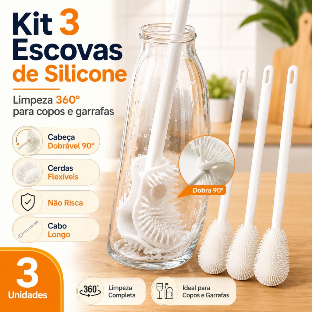 Kit 3 Escovas de Silicone Cabo Longo para Copos, Garrafas de Vidro e Mamadeiras