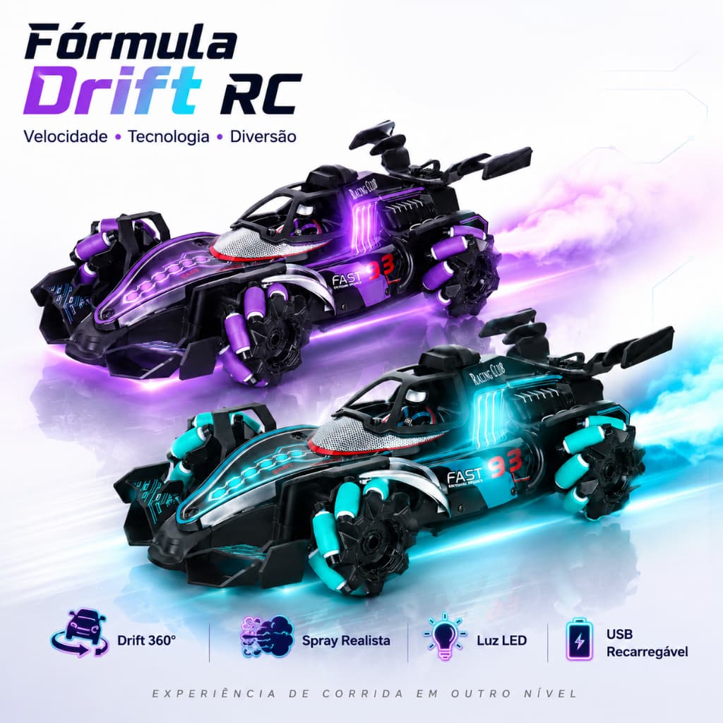 Carrinho Controle Remoto Drift 360° Fórmula 1 com Spray LED USB Recarregável 1:24 Carro RC Luzes e Música