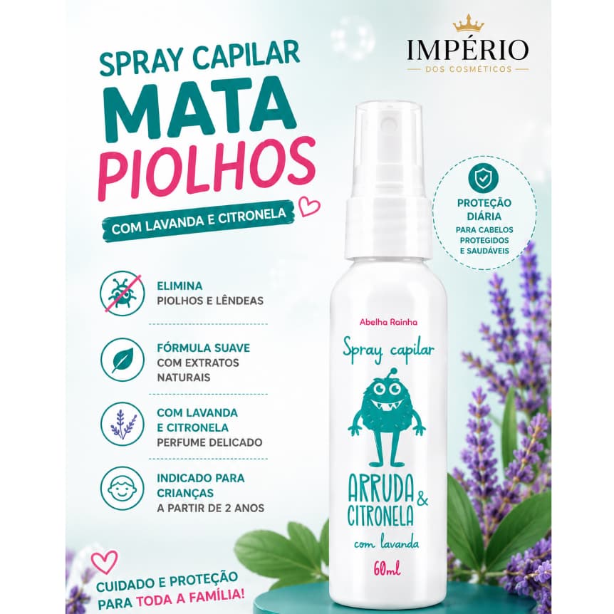 Spray Capilar Prevenção de Piolhos Arruda e Citronela 60ml abelha rainha Elimina e Previne Piolhos, Uso Diário