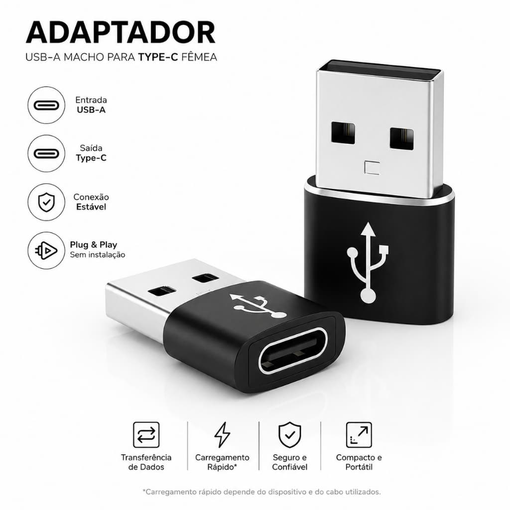 Adaptador OTG Tipo C para USB Macho Compatível com Celular, Tablet e Notebook