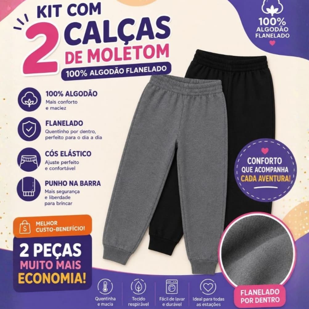 Kit Calças de Moletom Infantil Peluciado para Inverno Confortável Unissex