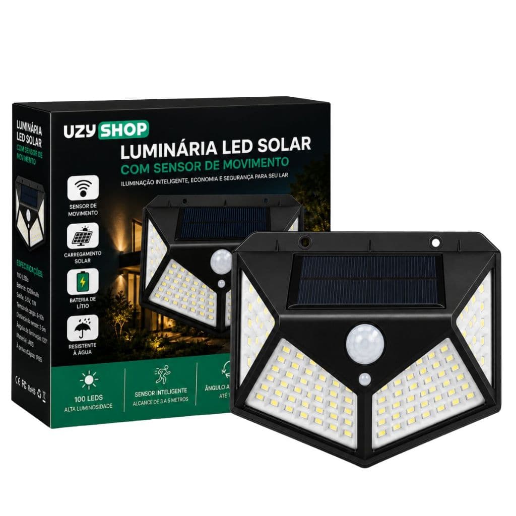 Luminária Solar LED 100 LEDs 20W Sensor Movimento IP65 Parede Impermeável Externa