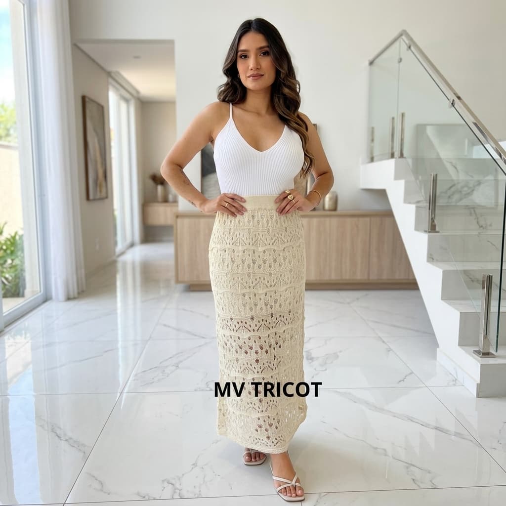 Saia Feminina Midi Lisa Forrada Ponto Crochê em Tricot  Casual , Elegante ,Versátil , Moda Verão