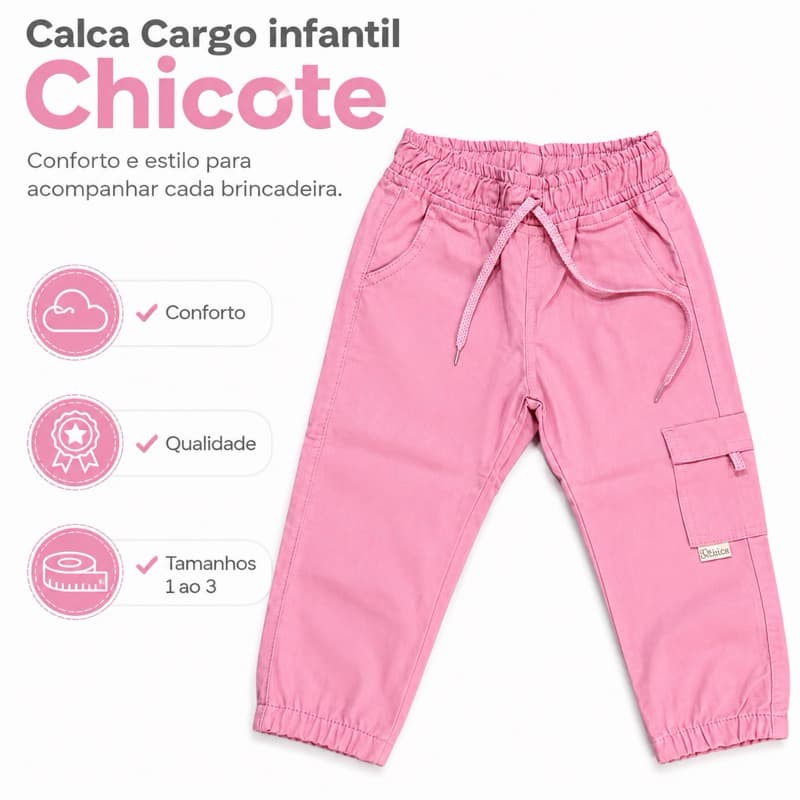 Calça Cargo Rosa Infantil Chicote para Menina Confortável Tam 1 ao 3