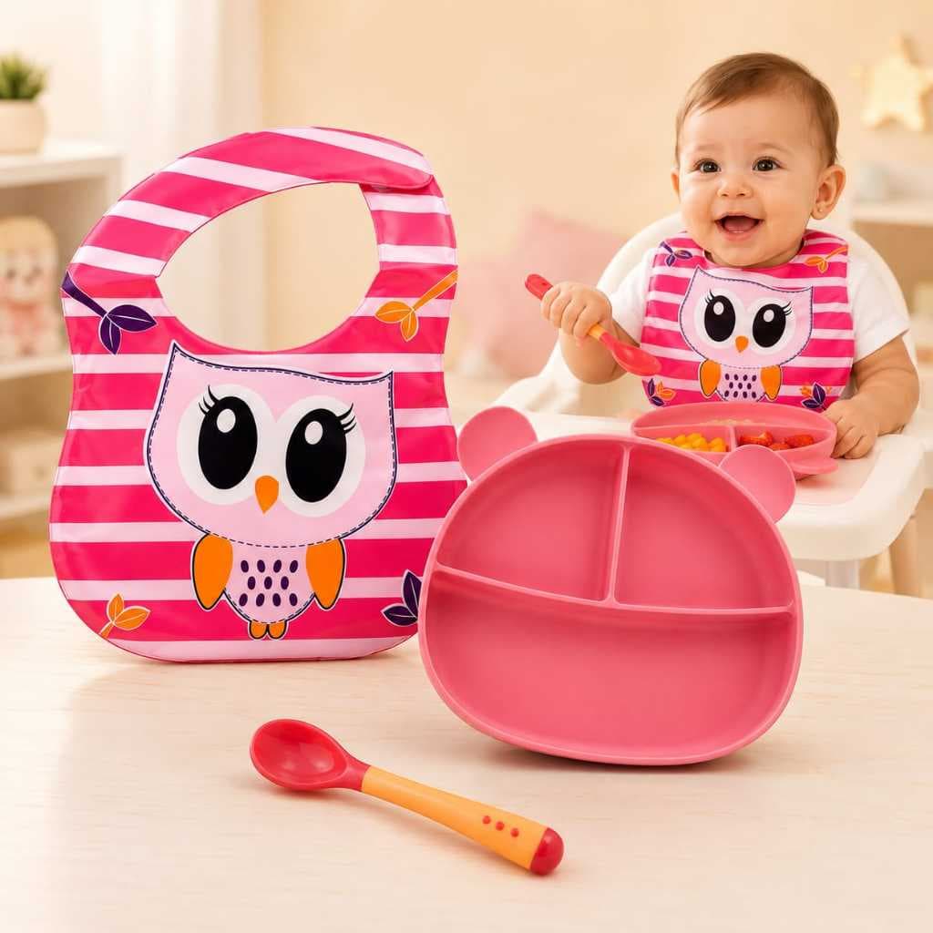 Kit Refeição Bebê Alimentação Infantil Babador Impermeável Prato Silicone Divisórias Colher Termo Sensível