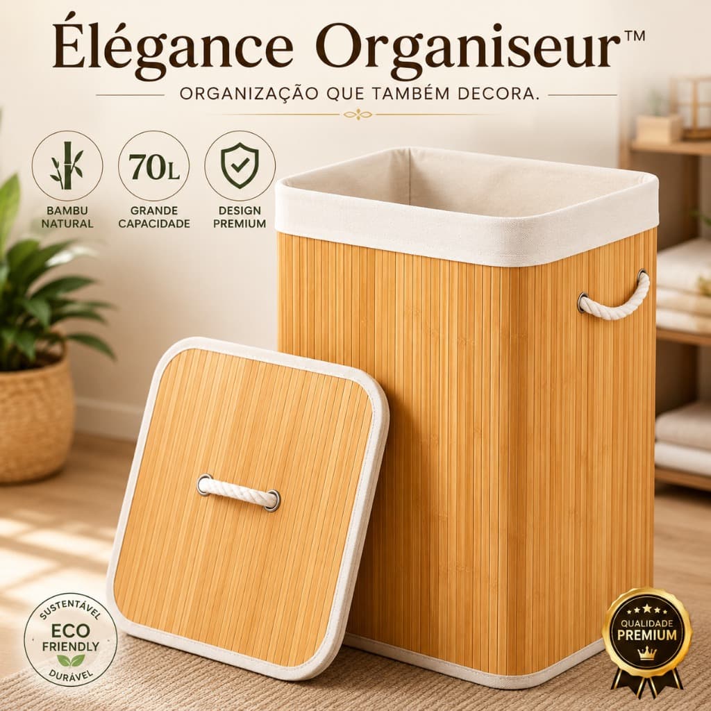 Cesto Bambu Grande 70 Litros Cesto Organizador de Bambu 70L com Tampa e Alças | Cesto para Roupas Grande Dobrável Susten