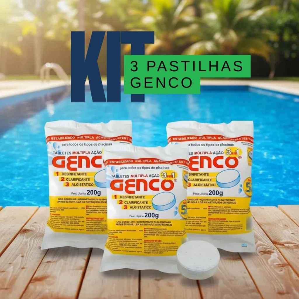 Kit 3 pastilhas genco 3 em 1 para piscinas manutenção limpeza vinil, fibra, alvenaria água cristalina