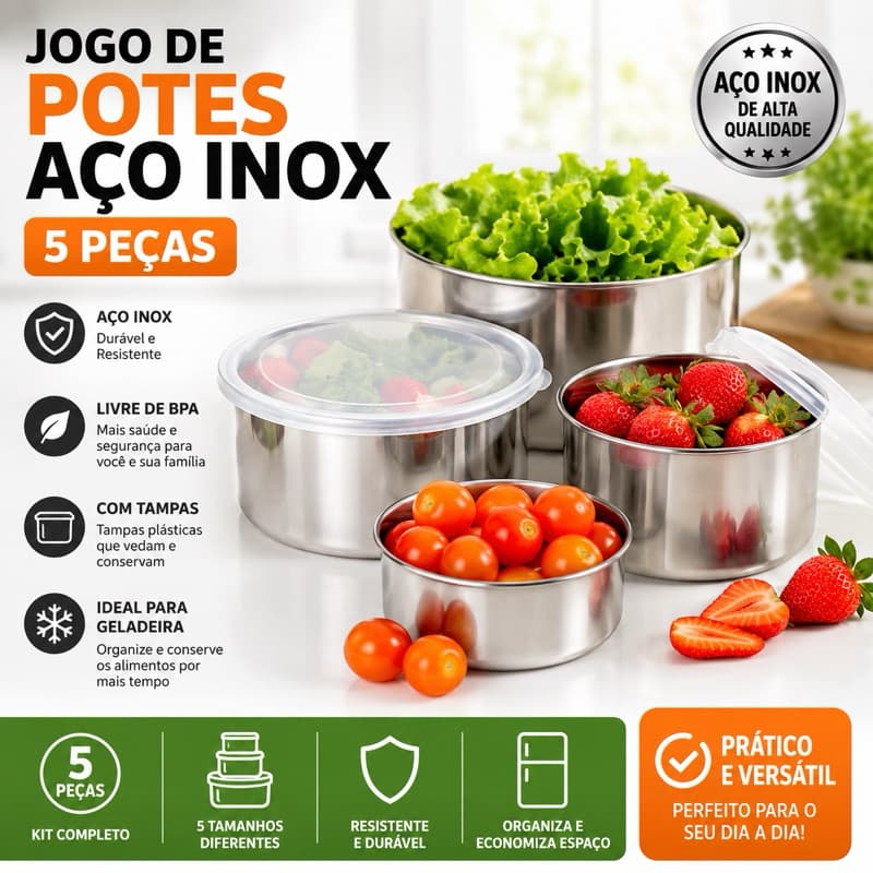 Jogo de Potes Aço Inox com Tampa 5 Peças | Kit Organizador de Alimentos para Geladeira e Cozinha