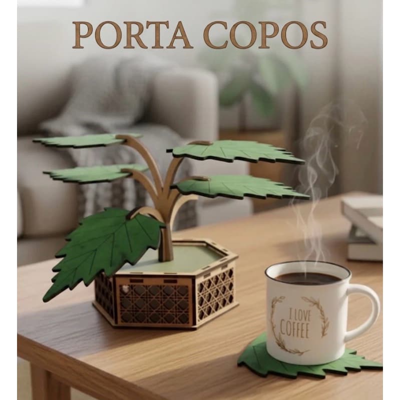 Porta Copos Madeira MDF Formato Folhas Com Suporte Árvore Mesa Posta Descanso De Copo Criativo Decorativo