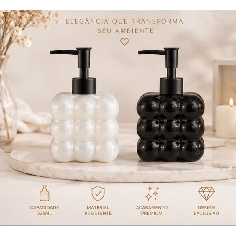 Dispenser de Sabonete 325ml Vidro Preto ou Branco Estilo Bolha Bico Preto Fosco Banheiro