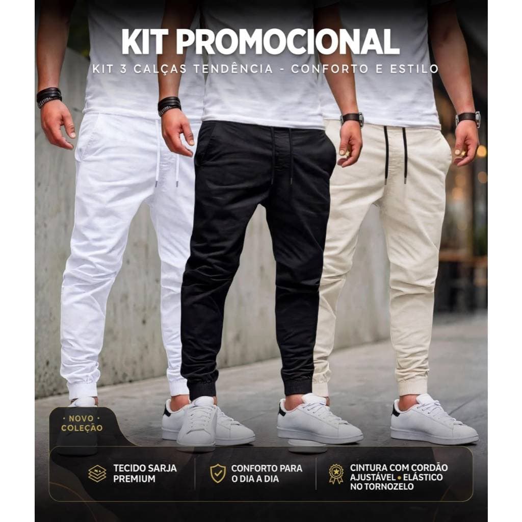Kit 3 Calças Jogger Masculinas Sarja Premium Estilo Conforto Tendência