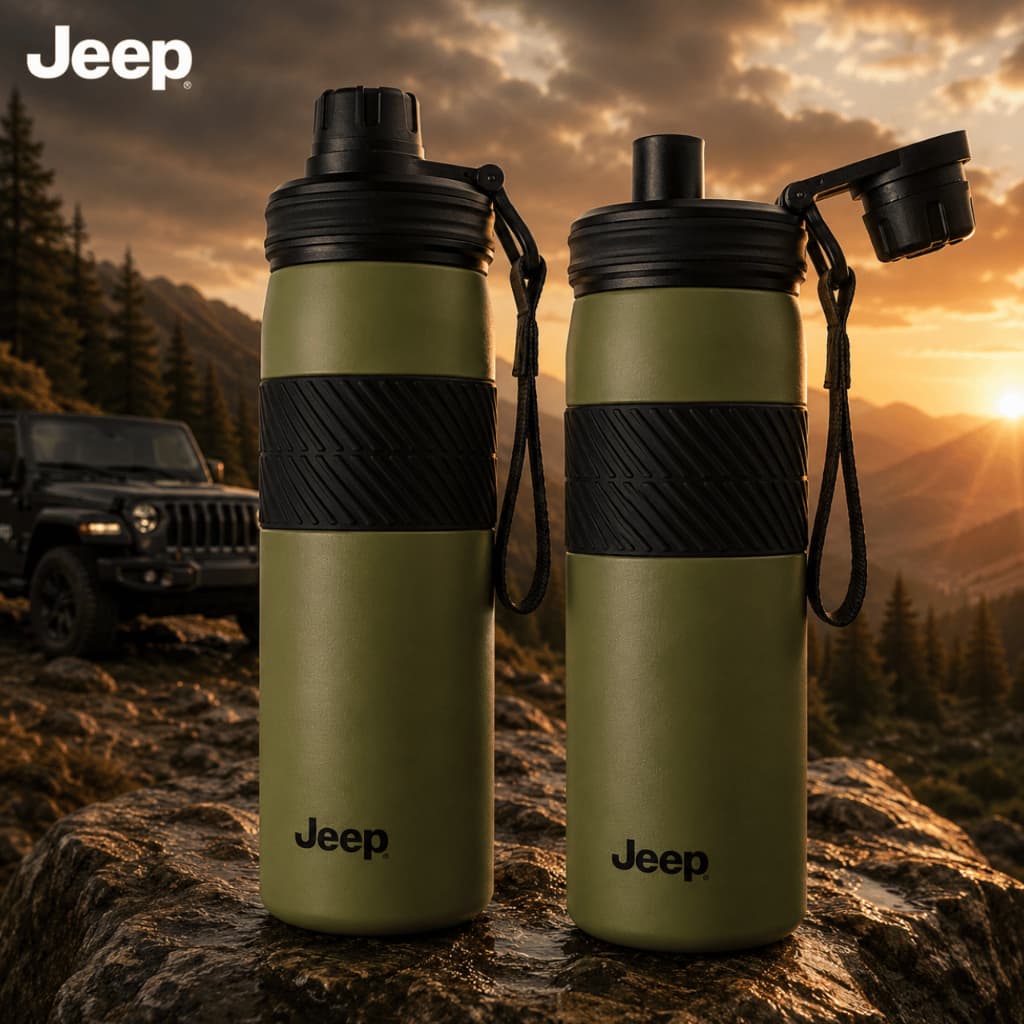 Kit 2 Garrafas Térmicas Jeep 600ml | Parede Dupla, Tampa Com Bico e Vedação Antivazamento Viagem Academia