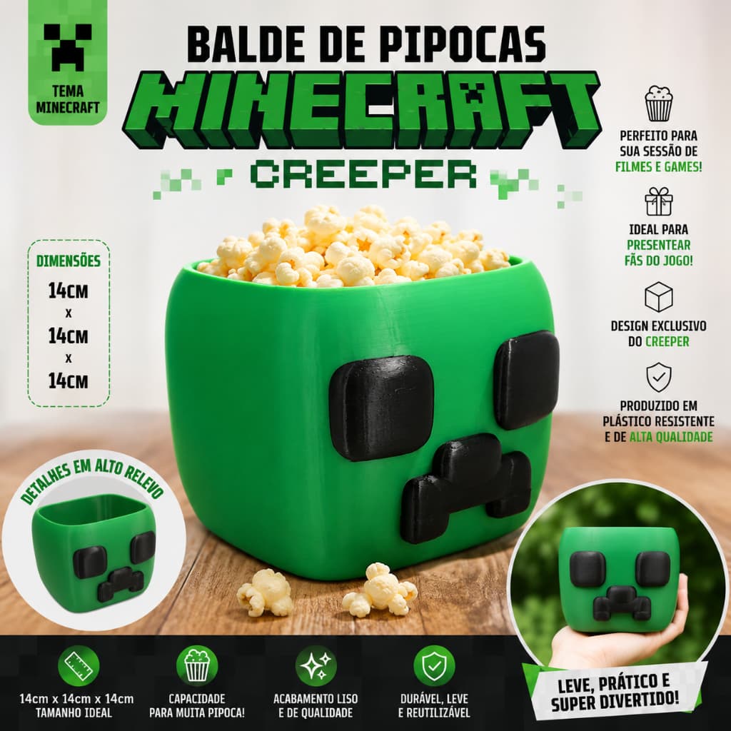 Balde de Pipoca Minecraft Creeper 14x14x14cm | Porta Pipoca Gamer | Presente para Fãs de Minecraft
