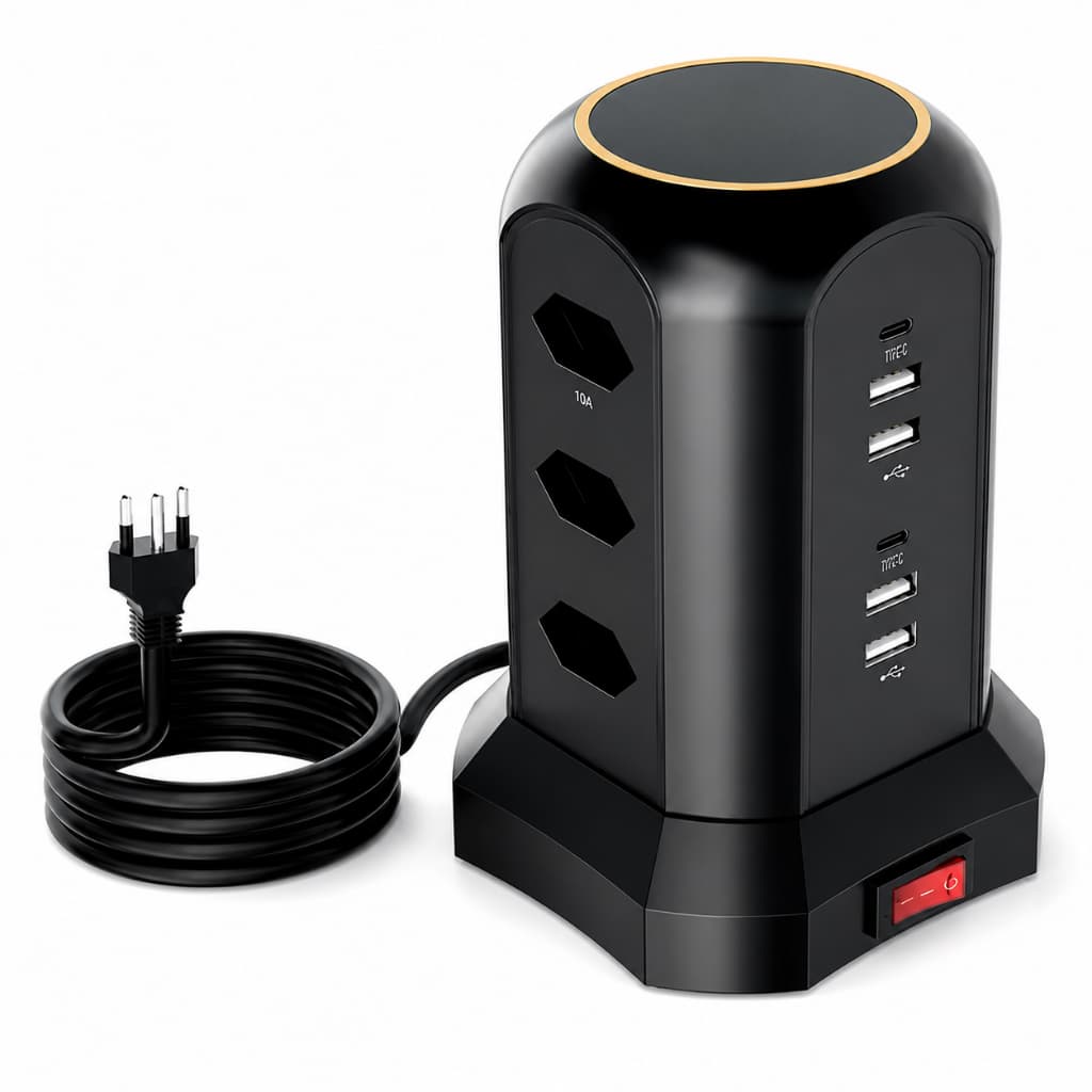 Extensão Tomada Torre 9 Tomadas 4 USB 2 Type-C Filtro de Linha Cabo 2m Bivolt Proteção Sobrecarga Carregamento Rápido