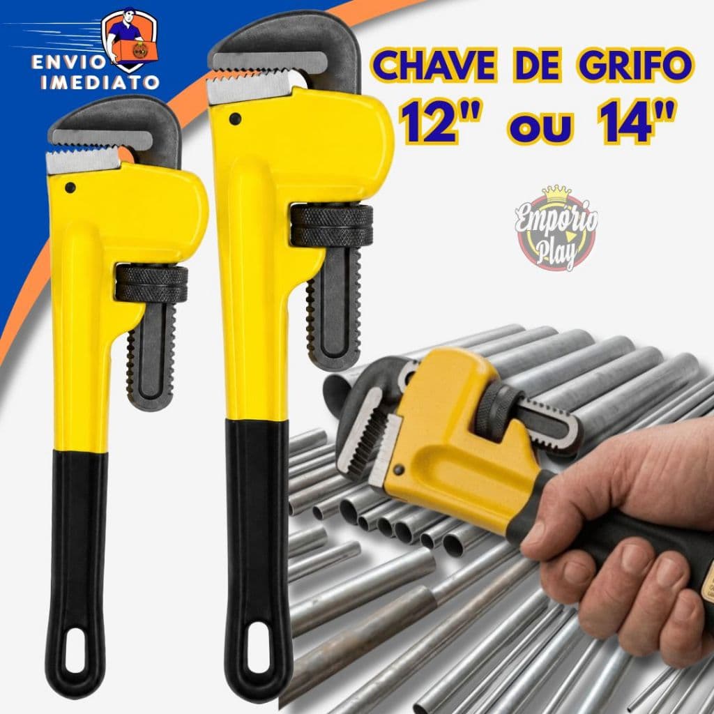 Chave Grifo 12'', 14'' Polegadas Ferramenta Aperto Tubos Porcas Cabo Emborrachado Multiuso Prossional