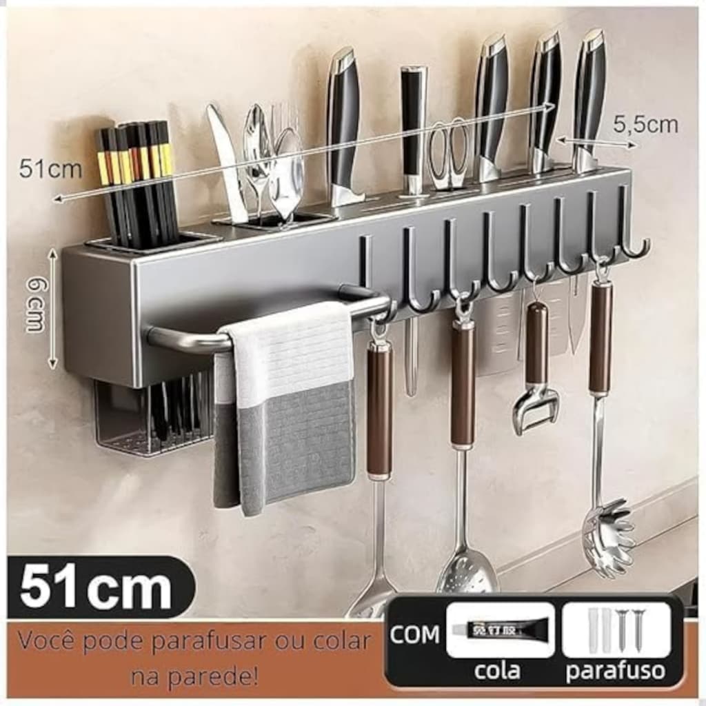 Rack de Parede para Utensílios de Cozinha - Organização Eficiente, Economia de Espaço, Durabilidade