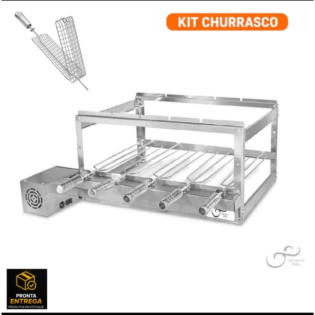 Churrasqueira Gira Grill Elétrico 5 Espetos 100% Inox + Espeto Grelha