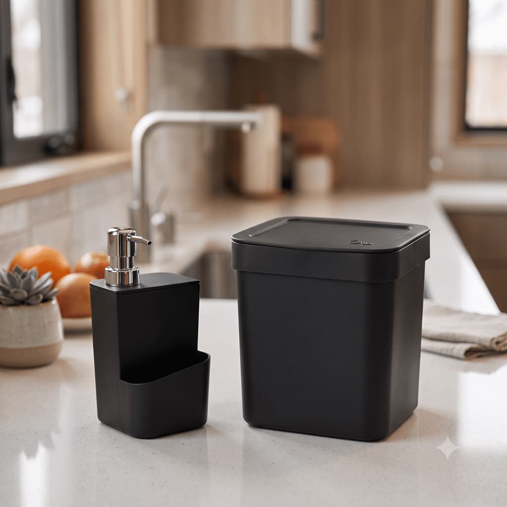 Kit Pia Cozinha Ou Lixeira Trium 4,7l E Dispenser Detergente - Preto