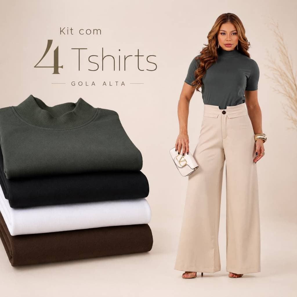 Kit 4 Blusas Femininas Camisetas Gola Alta 100% Algodão Elegante Confortável