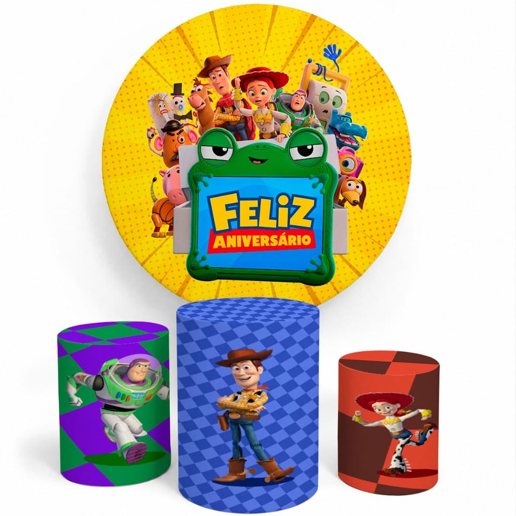 Kit Painel Decorativo + 3 Capas Cilindro Tema Toy Story Varios Temas Aniversário Festa