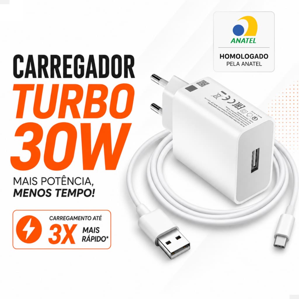 Carregador Turbo Carregamento 30w Fonte 3A Torre Carregar Celular Tipo-C