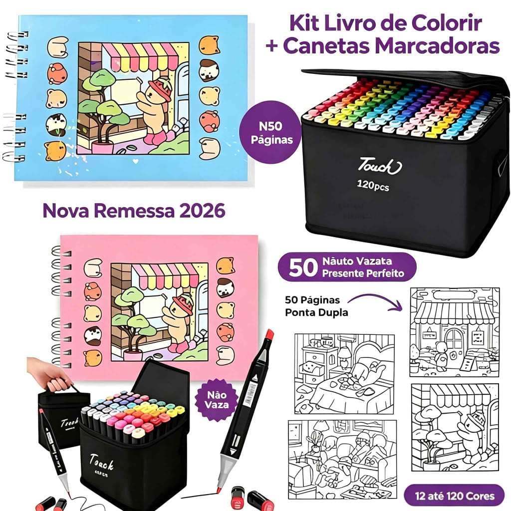 Novo Lote Kit Livro de Colorir Premium 50 Folhas 180g + Canetas Ponta Dupla 12-120 Cores Capa Holográfica