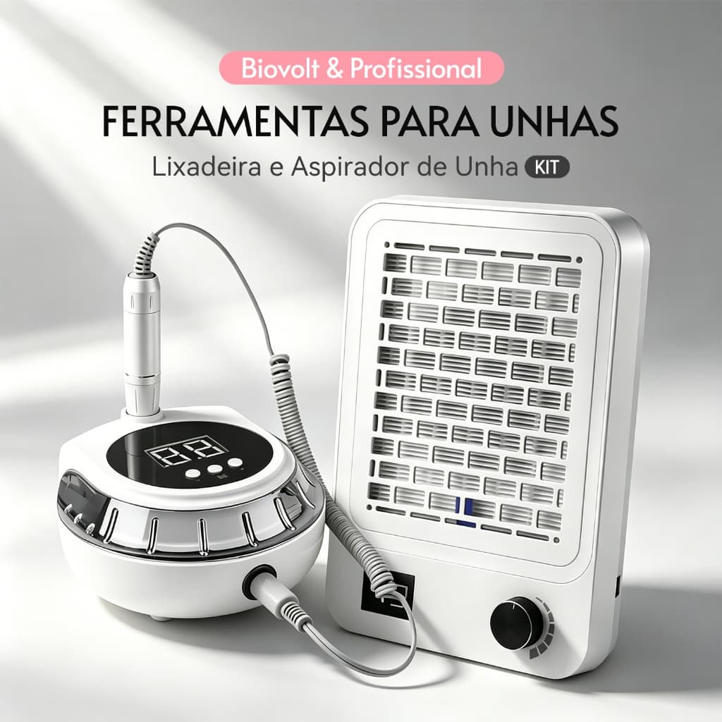 【Kit 2 Peças】Lixadeira Elétrica Profissional para Unhas + Aspirador de Pó de Unha Pedicure e Uso em Salão de Beleza