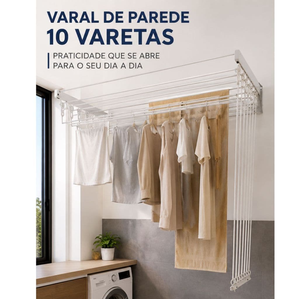 Varal Parede Individual 10 Varetas Apartamento 80/100/120/150cm