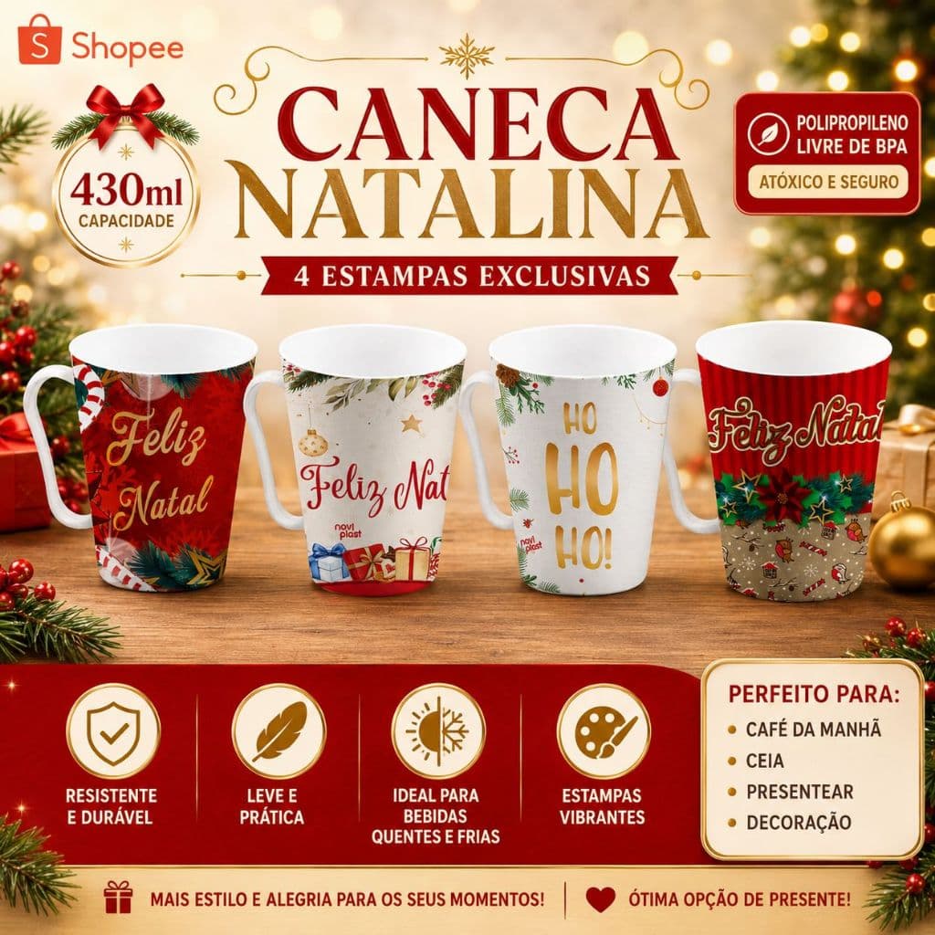 Canecas Natalina Decorada 430ml Estampa Festiva Feliz Natal