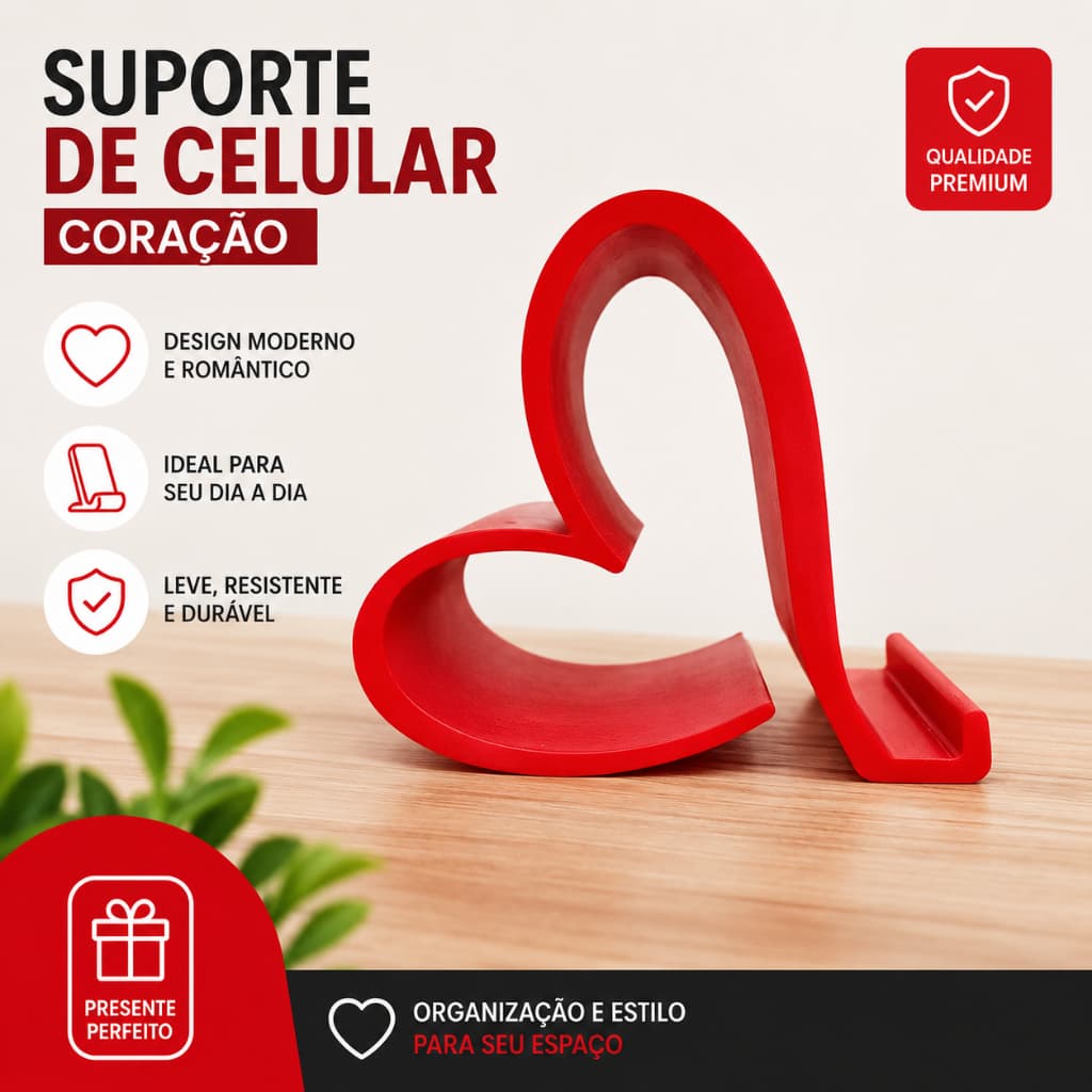 Suporte para Celular Coração Vermelho Mesa Decorativo Compacto fofo romântico elegante