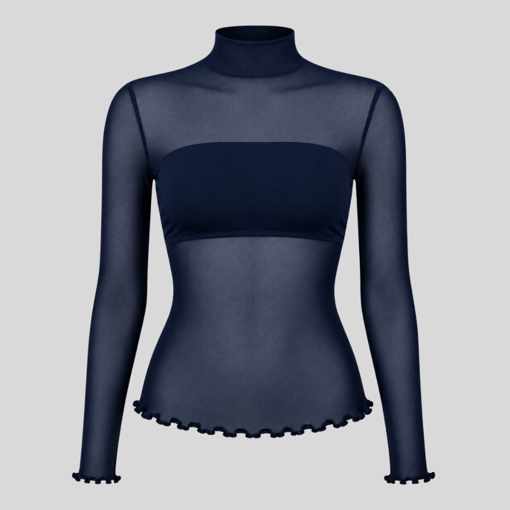 Blusa Feminina Tule Gola Alta Manga Longa Transparente com Frufru + Top Faixa  Elegante Moda Inverno