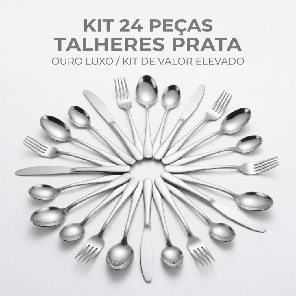 Conjunto de talheres luxo em inox prateado 24 peças com colher de sobremesa