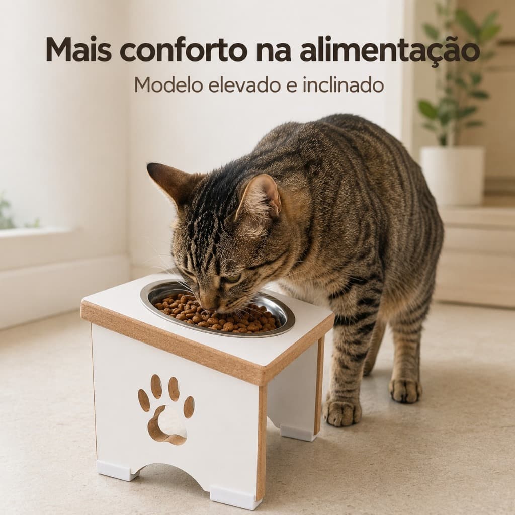 Comedouro Elevado Inclinado para Gato e Cachorro com Tigela de Alumínio