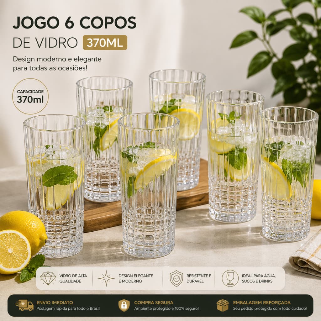 Jogo com 6 Copos Alto 370ml, LIndo para Mesa Posta, Elegante e Grande