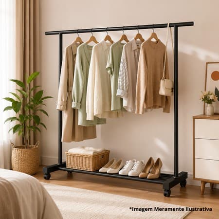 Cabideiro Organizador de Roupas de Chão com Base | Arara de 120cm com Rodinhas