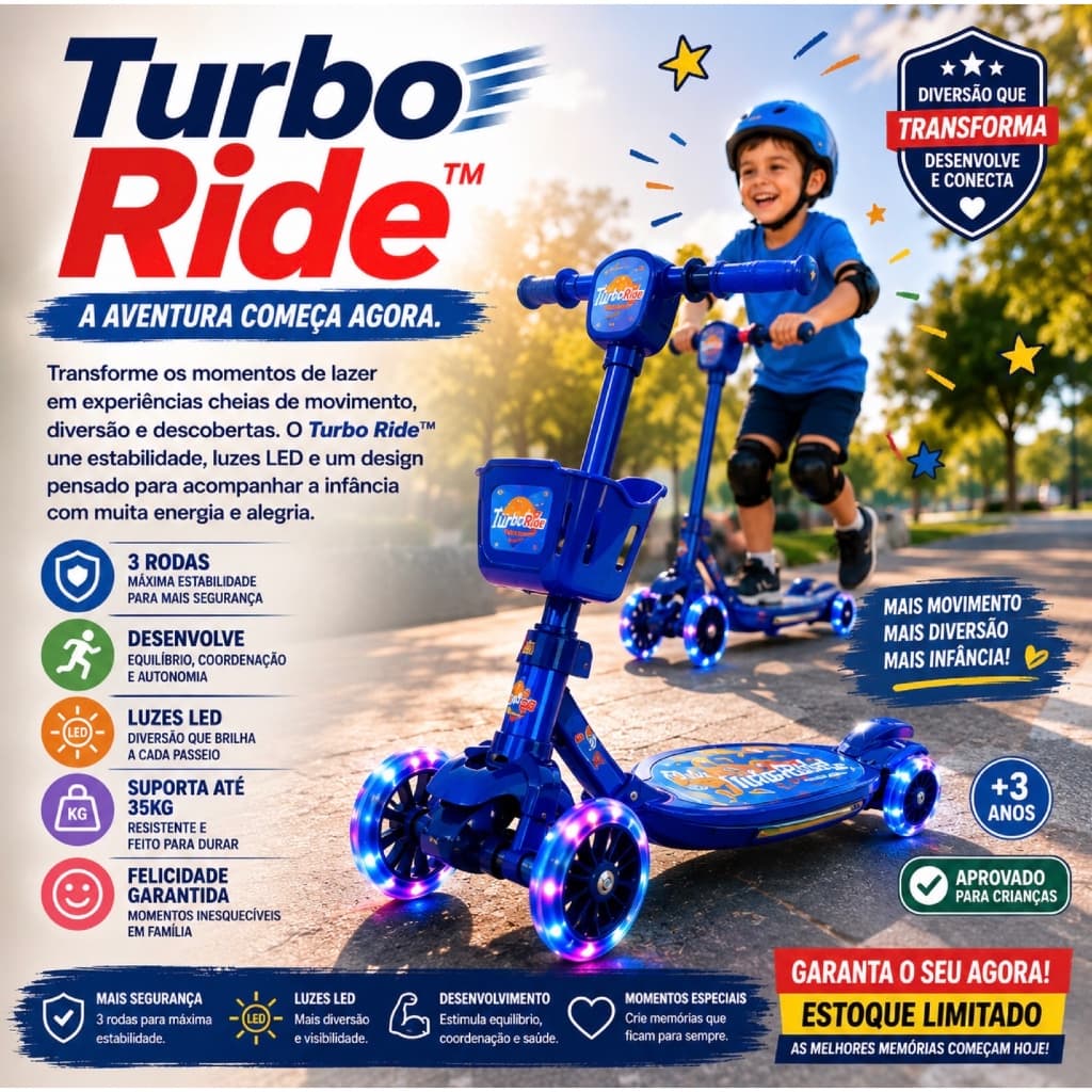 Patinete Infantil 3 Rodas com Luz LED Turbo Ride Azul Até 35kg Seguro para Crianças +3 Anos
