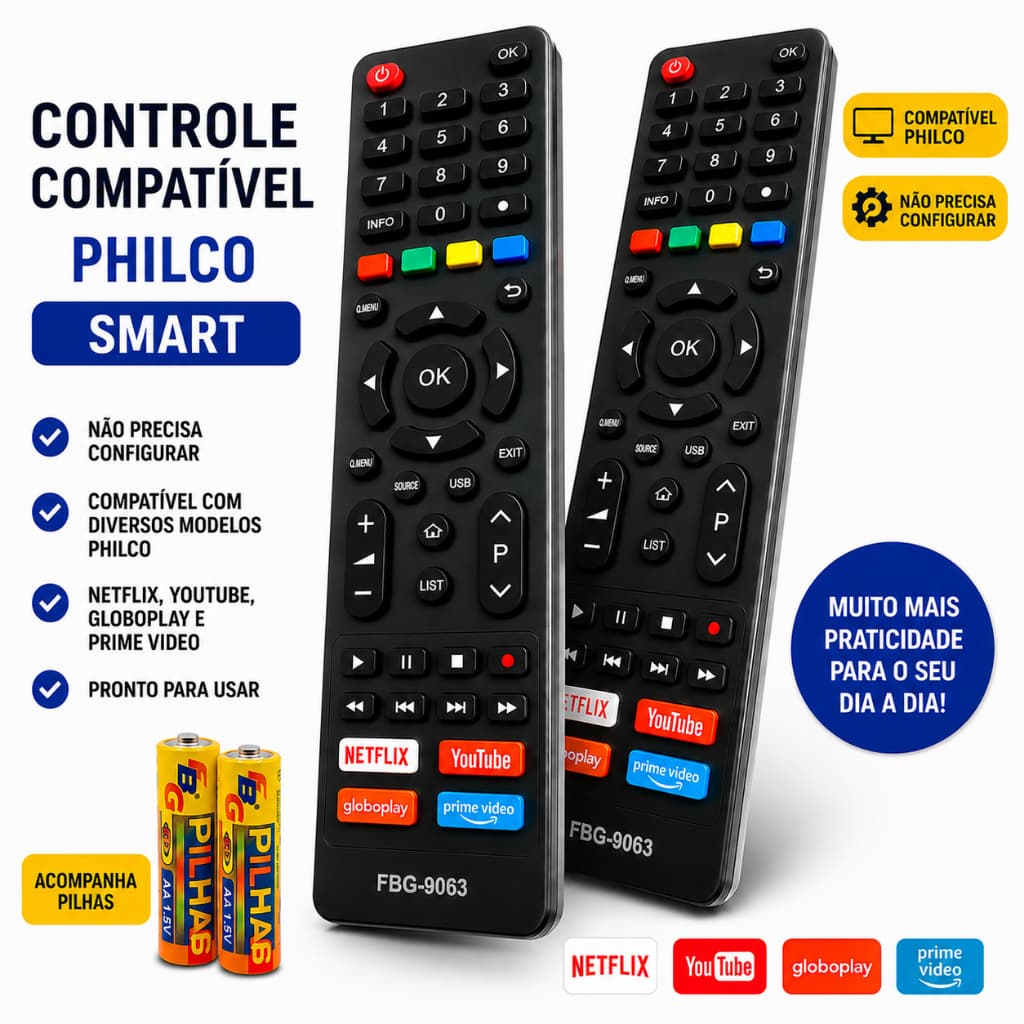 Kit Controle Remoto Compatível com Televisão Philco Tv Smart LED LCD com Pilhas Inclusas - ENVIO IMEDIATO