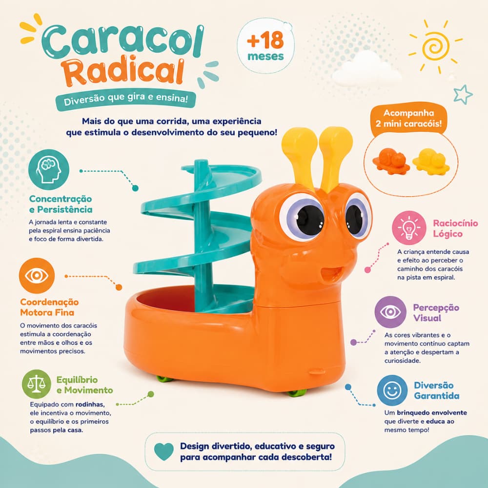 Brinquedo Educativo Caracol Radical Mercotoys + 2 Mini Caracóis Didático Coordenação Motora +18 Meses
