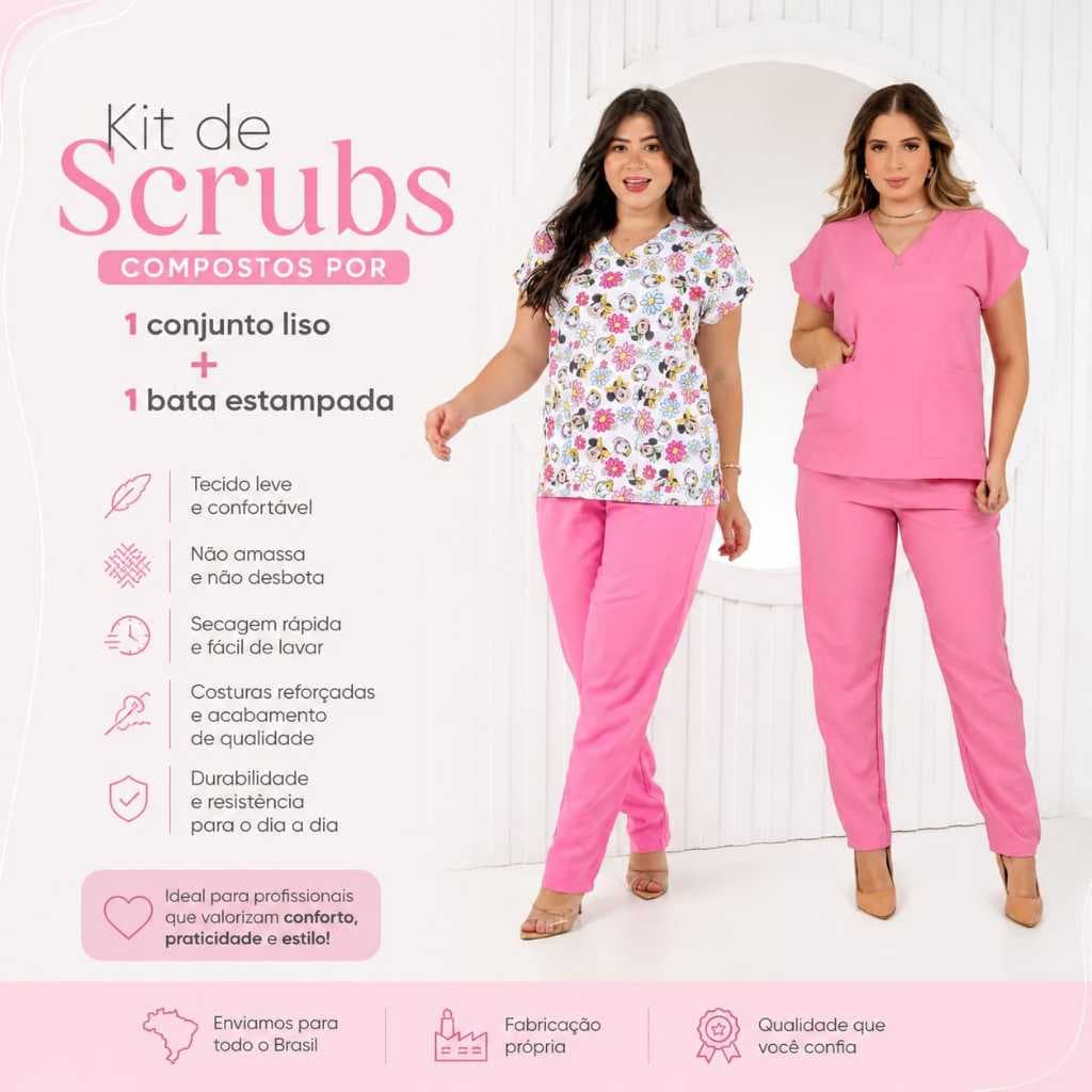 Kit de Scrub estampado com 3 peças Uniforme Profissional (Kit contém 1 bata estampada + conjunto liso).