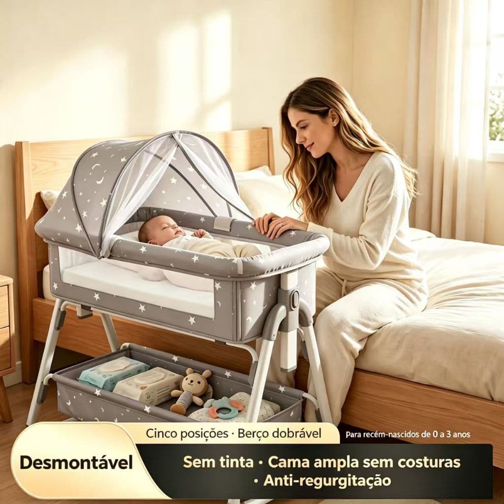 Para bebês de 0 a 3 anos,Berço Portátil Moises Co-bed Com Balanço Mosquiteiro e Cesto Cinza Até 9kg -P18