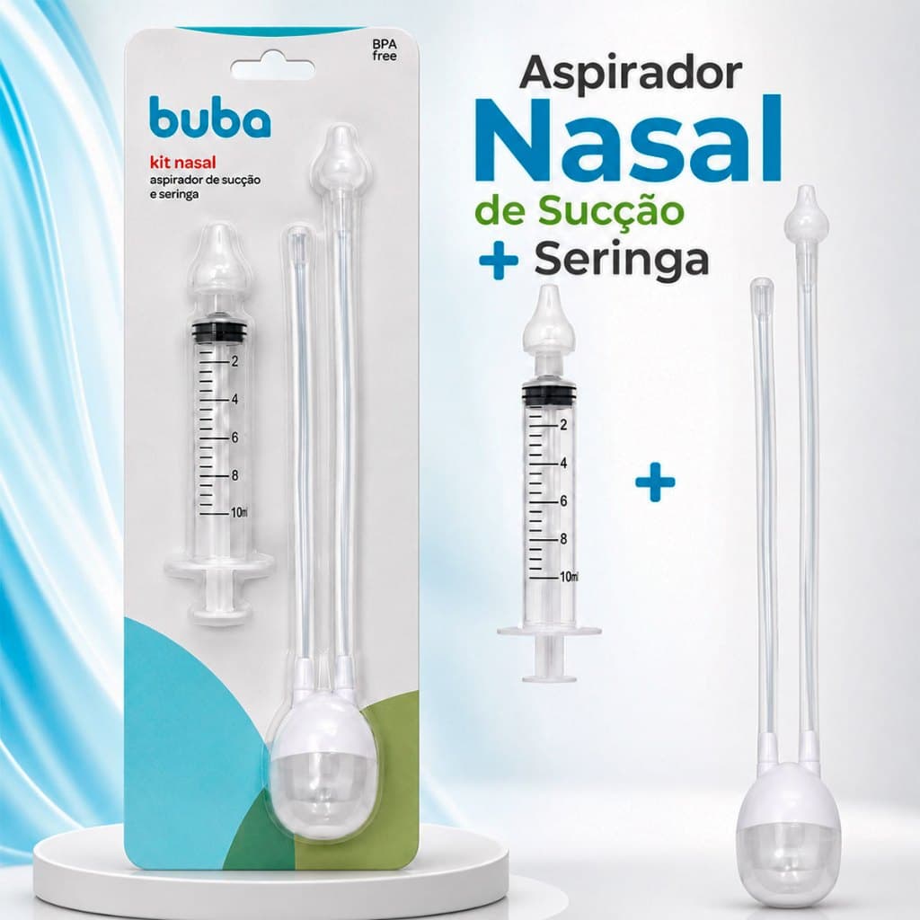 Kit Aspirador Sucção e Seringa Lavador Nasal Ponta em Silicone Buba Coriza
