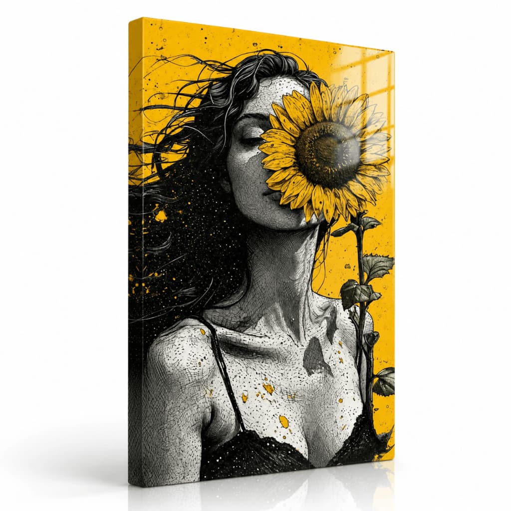Quadro Decorativo Mulher com Girassol Arte Feminina Amarela para Sala Quarto e Escritório